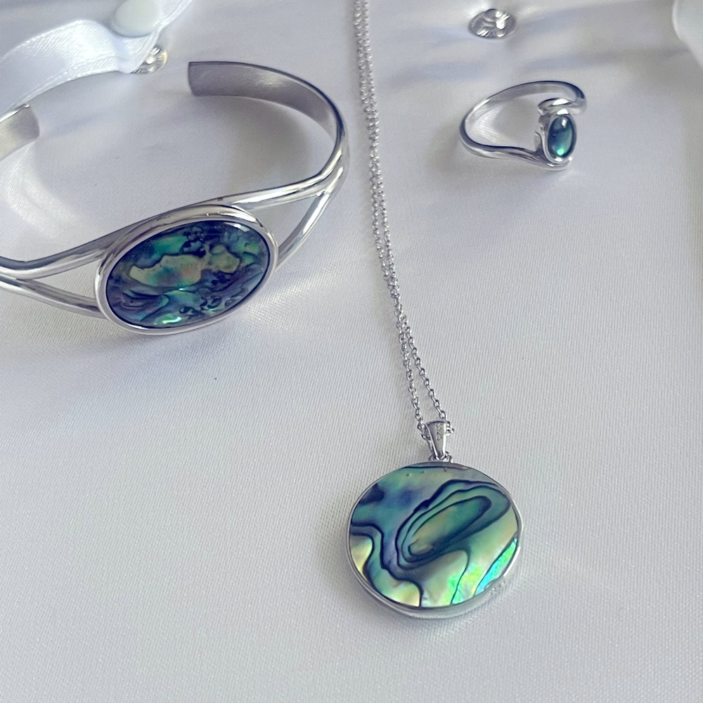 New! Abalone & SS set - Ring sz 7 , Cuff and Necklace , adjust chain up to 22in